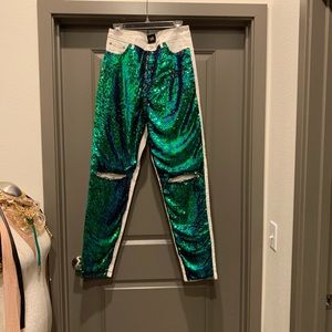 Sequins front split knee stretchy jeans